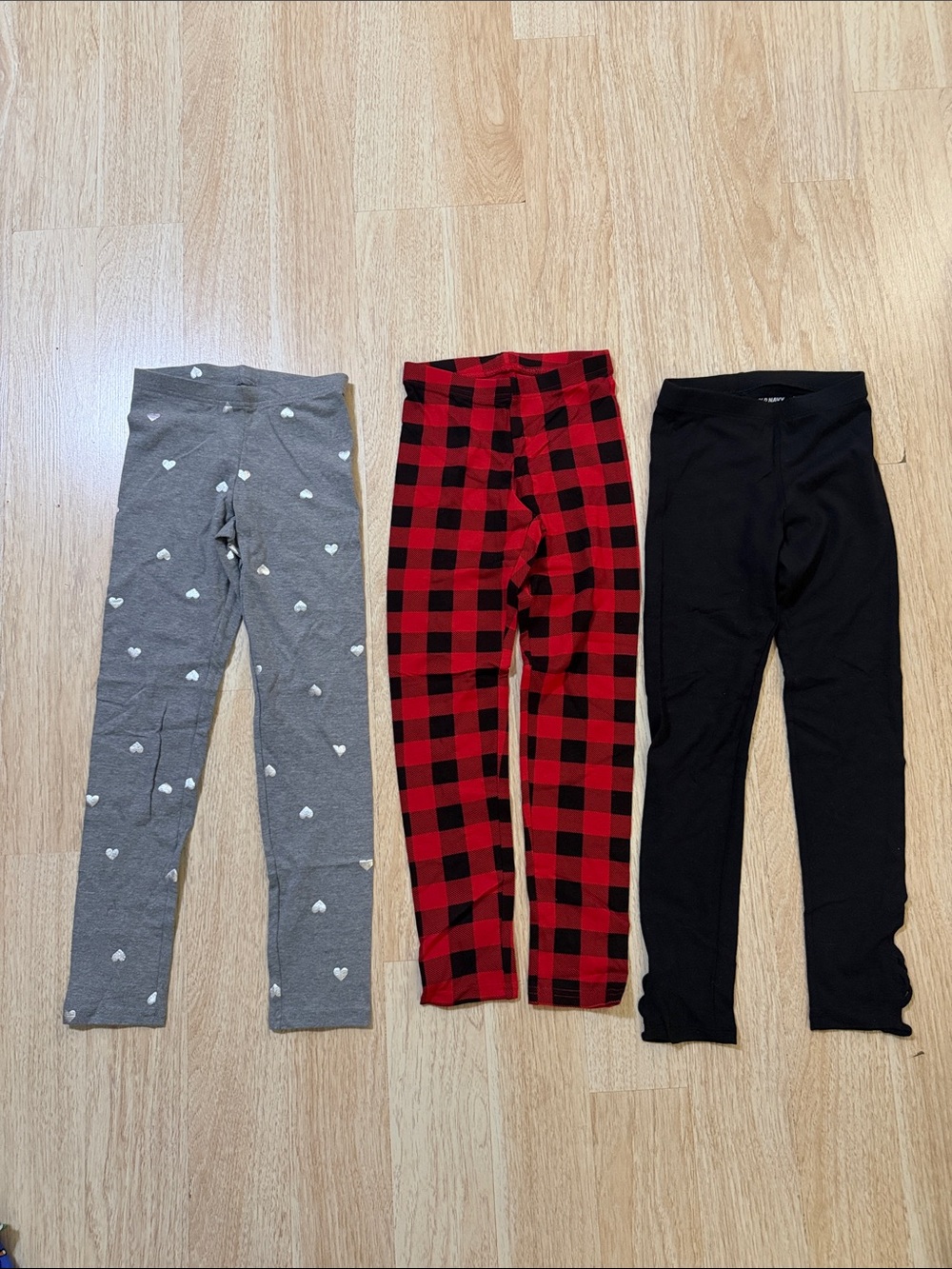 Kids Grey Heart Leggings, Red Plaid Leggings & Black Leggings - 3pcs
